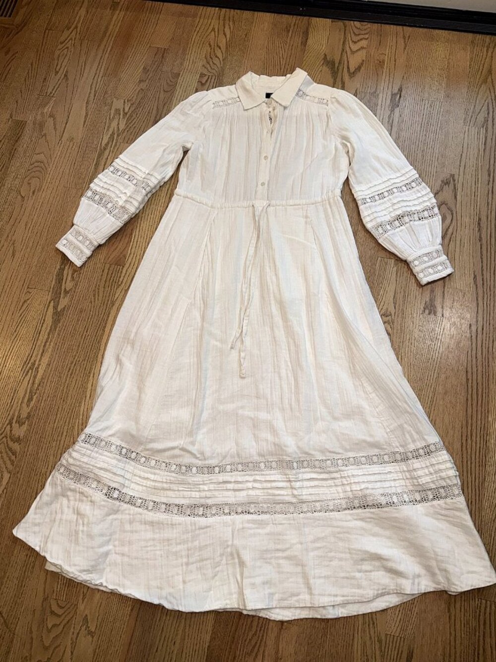 ME+EM White Cotton Gauze Midi Dress Pintucks Lace Inserts Long Sleeve US 6